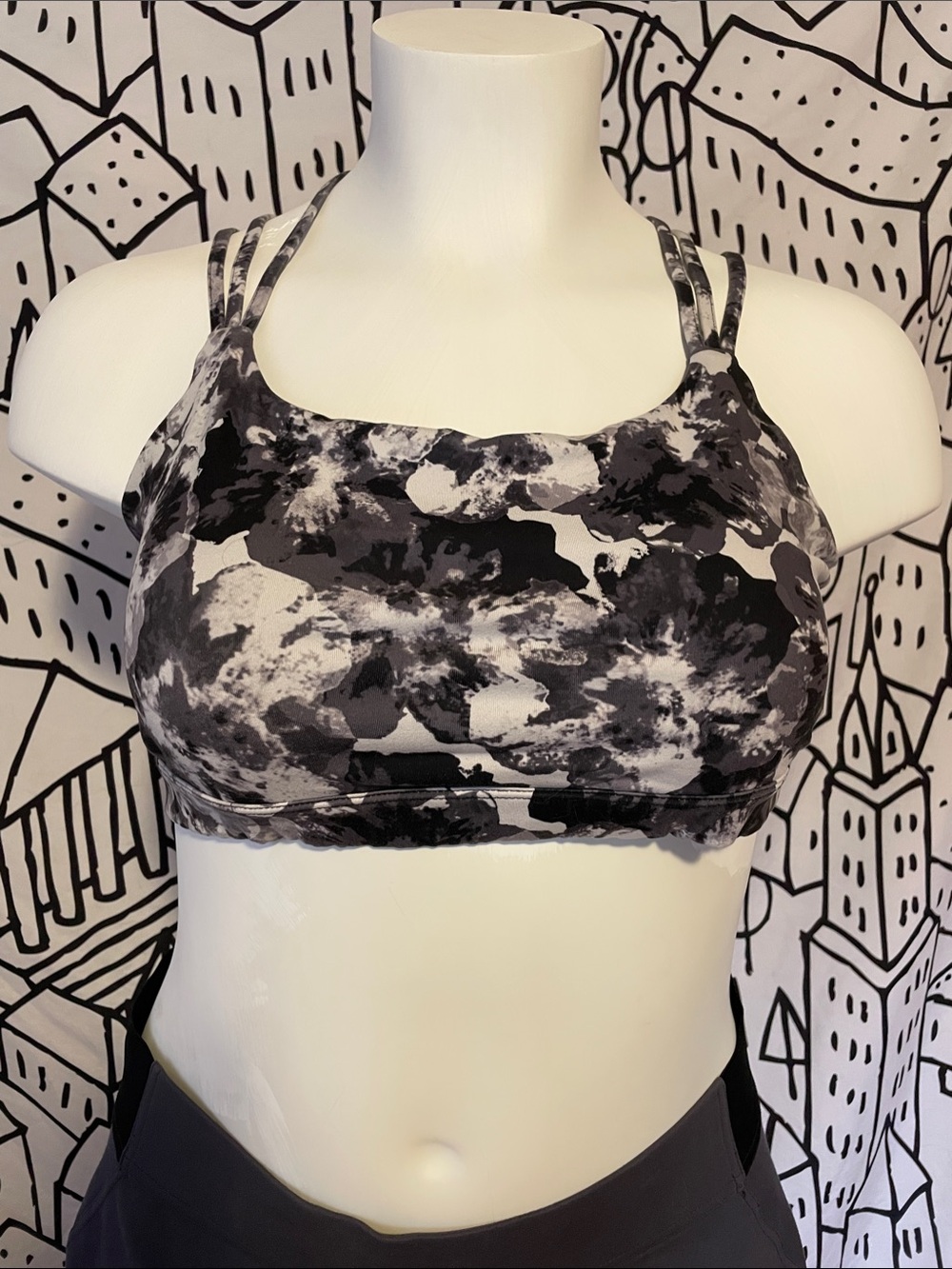 GAP Black and Gray Marble-Print Double-Strap Sports Bra